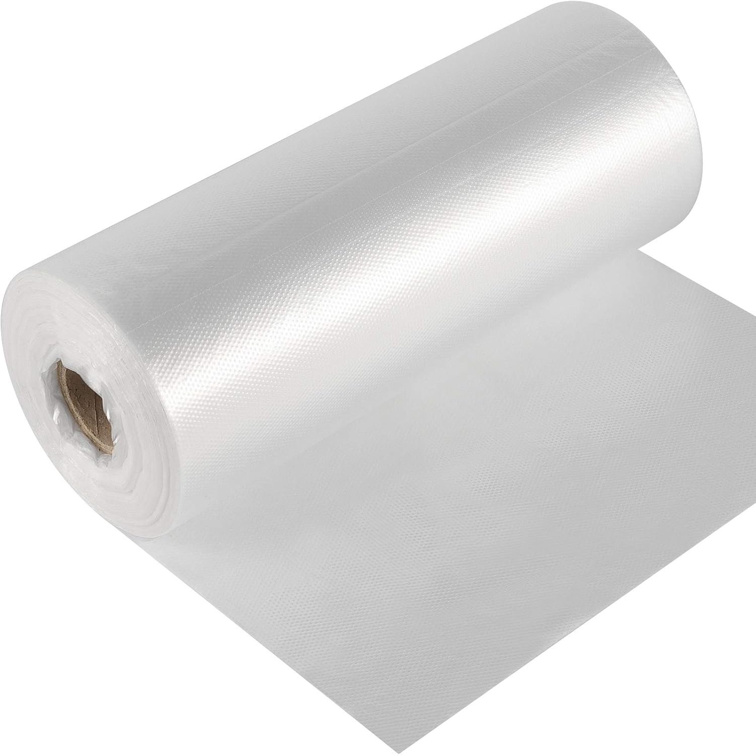 A roll of white biodegradable fruit and vegetable bags, tightly rolled, with a brown paper core in the center and a smooth surface, showing the original shape and texture of the product.