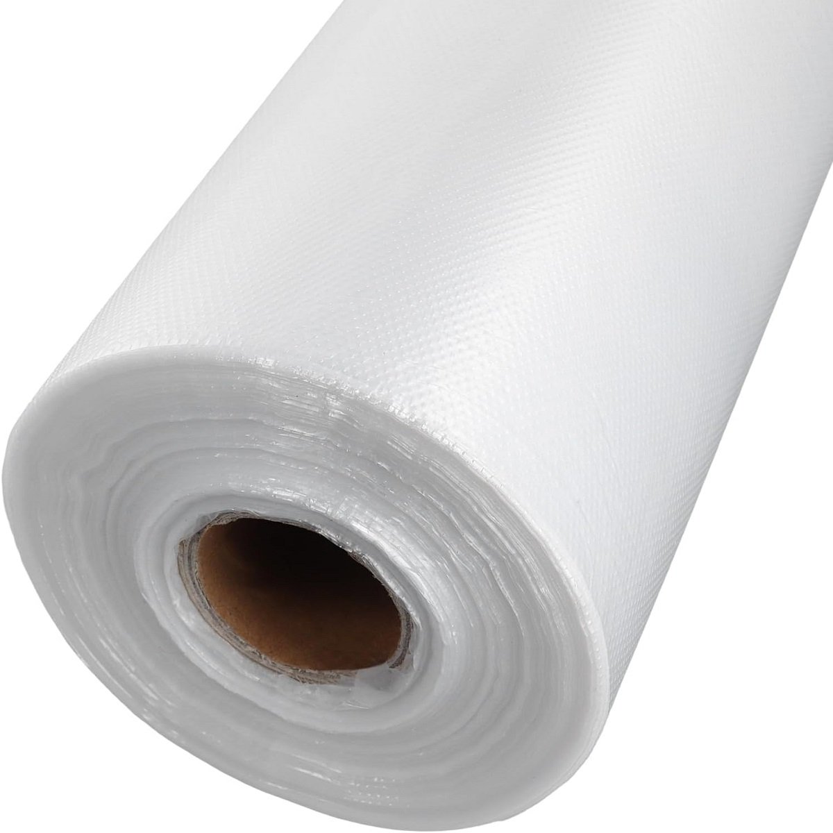 A close-up of a roll of white biodegradable fruit and vegetable bags, showing the tightly rolled body and clear center hole, revealing the transparency of the product material and the details of the roll.