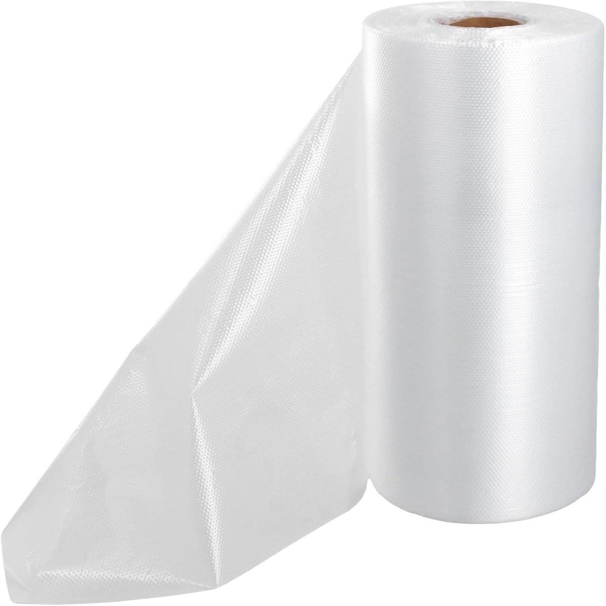 A roll of white biodegradable fruit and vegetable bags is placed at an angle, with part of the bag unfolded into a fan shape, showcasing the product's transparent texture and scroll packaging design.