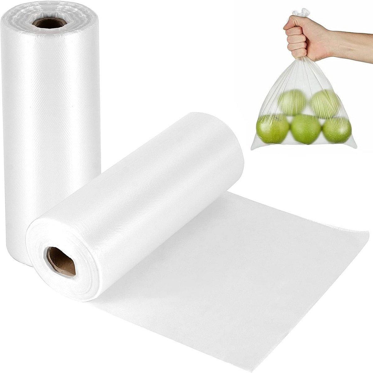Two rolls of biodegradable fruit and vegetable bags are shown in the same frame with a handheld bag of limes, showing the product form and actual usage scenarios.