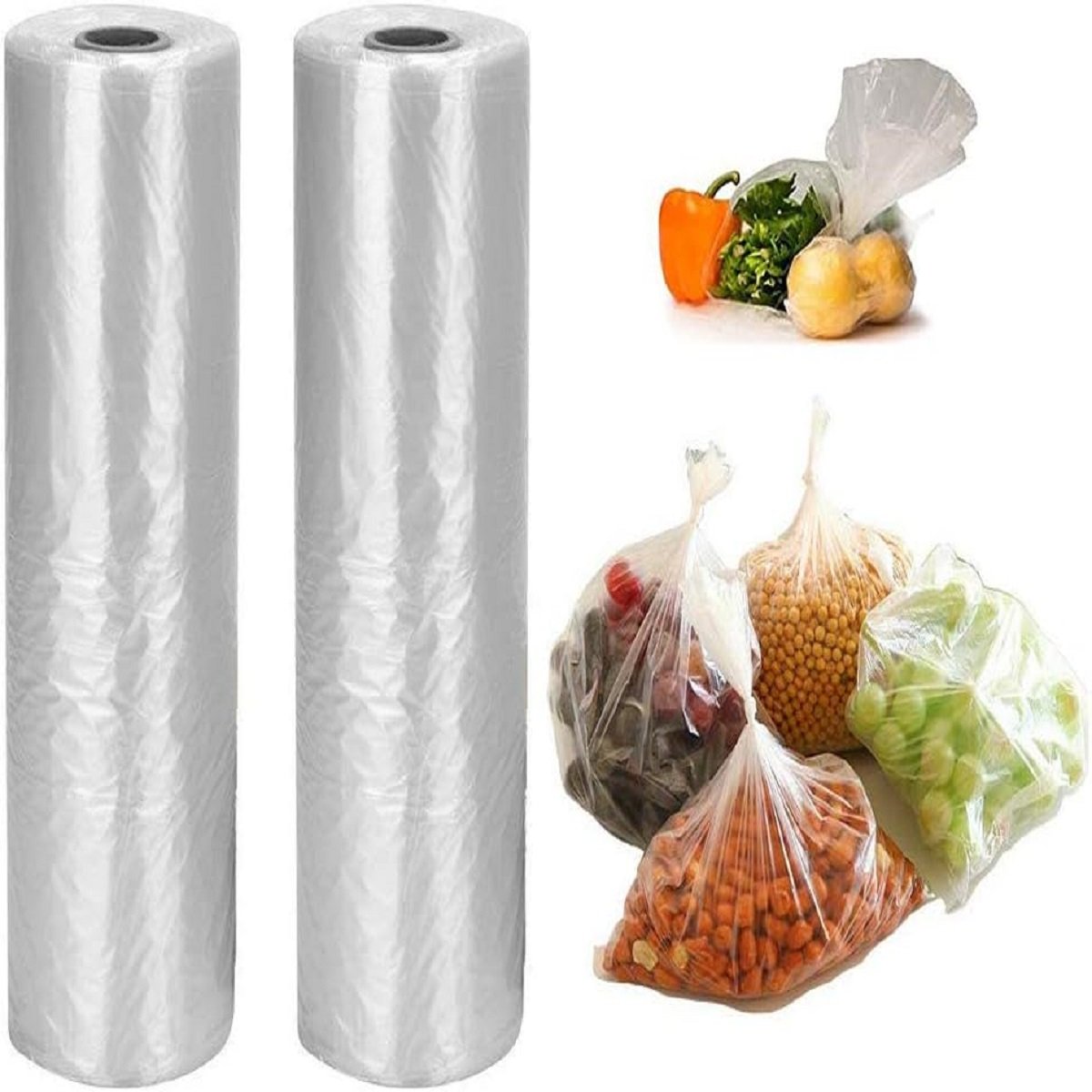 There are two rolls of biodegradable fruit and vegetable bags on the left, and a scene of vegetables, fruits and meat being packed on the right, highlighting the product's versatility and freshness-preserving function.