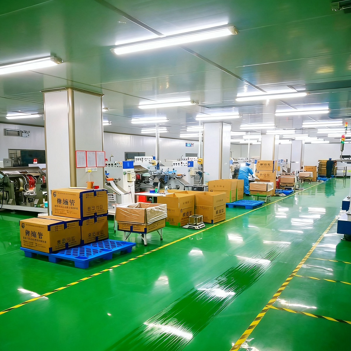 A spacious factory workshop with green flooring, bright lighting, workers handling boxes, and neatly arranged equipment, indicating an organized environment for packaging or manufacturing operations.