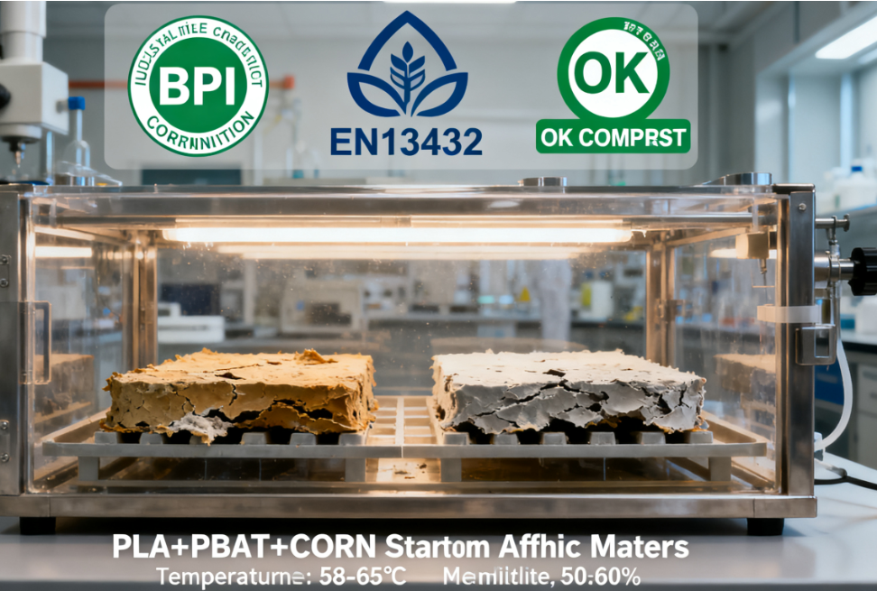 A lab setup shows biodegradable bags under BPI, EN13432, and OK Compost certifications, with samples in industrial composting conditions, demonstrating compliance with strict scientific standards for biodegradation.