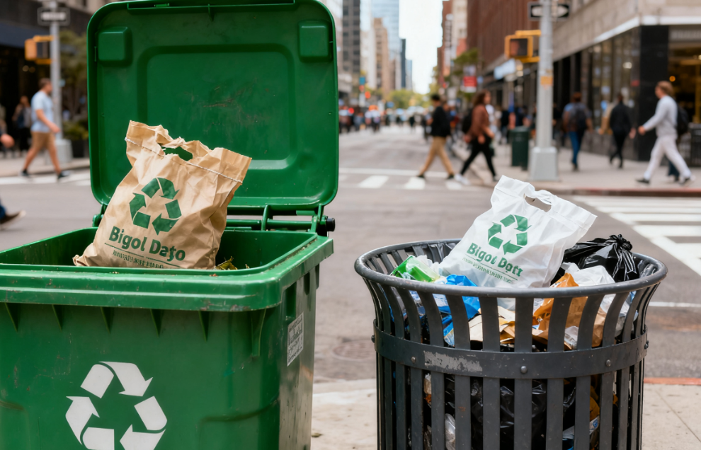 Biodegradable bags on the street are put into trash cans.