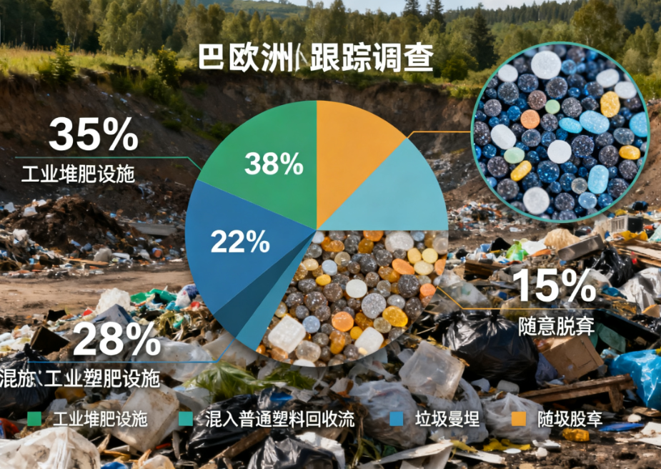 An infographic shows the recycling status of biodegradable bags: 35% correctly into industrial compost, 28% into plastic recycling, 22% landfilled, 15% littered, highlighting the practical challenges of proper disposal.