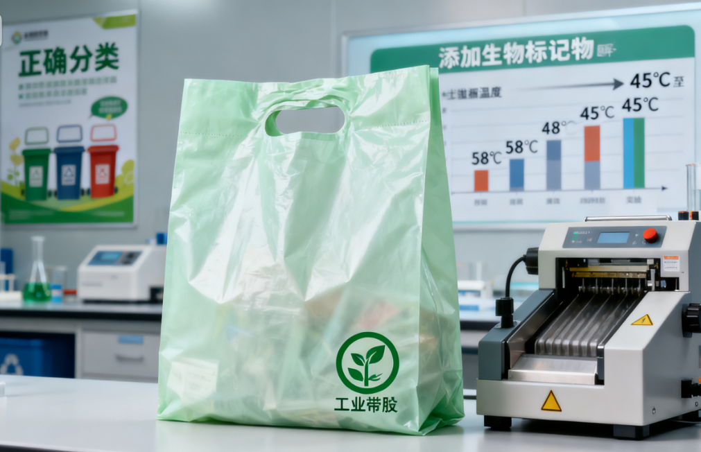 A green biodegradable bag with "industrial compost" logo in a lab, alongside equipment and a chart on bio-markers, demonstrating innovations like lower decomposition temperature (45℃) and improved sorting technology for sustainable packaging.