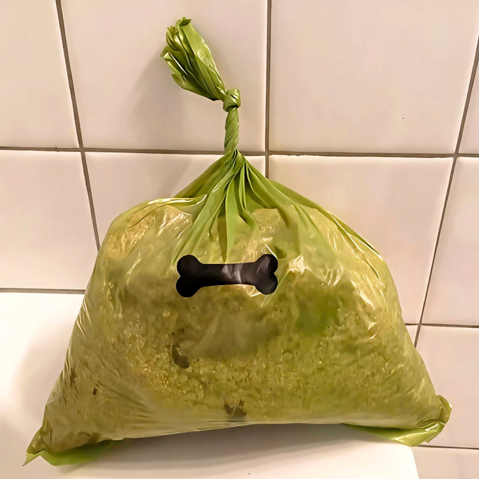 Green biodegradable dog poop bag with bone-shaped handle, tied securely and filled, demonstrating leak-proof performance for pet waste disposal