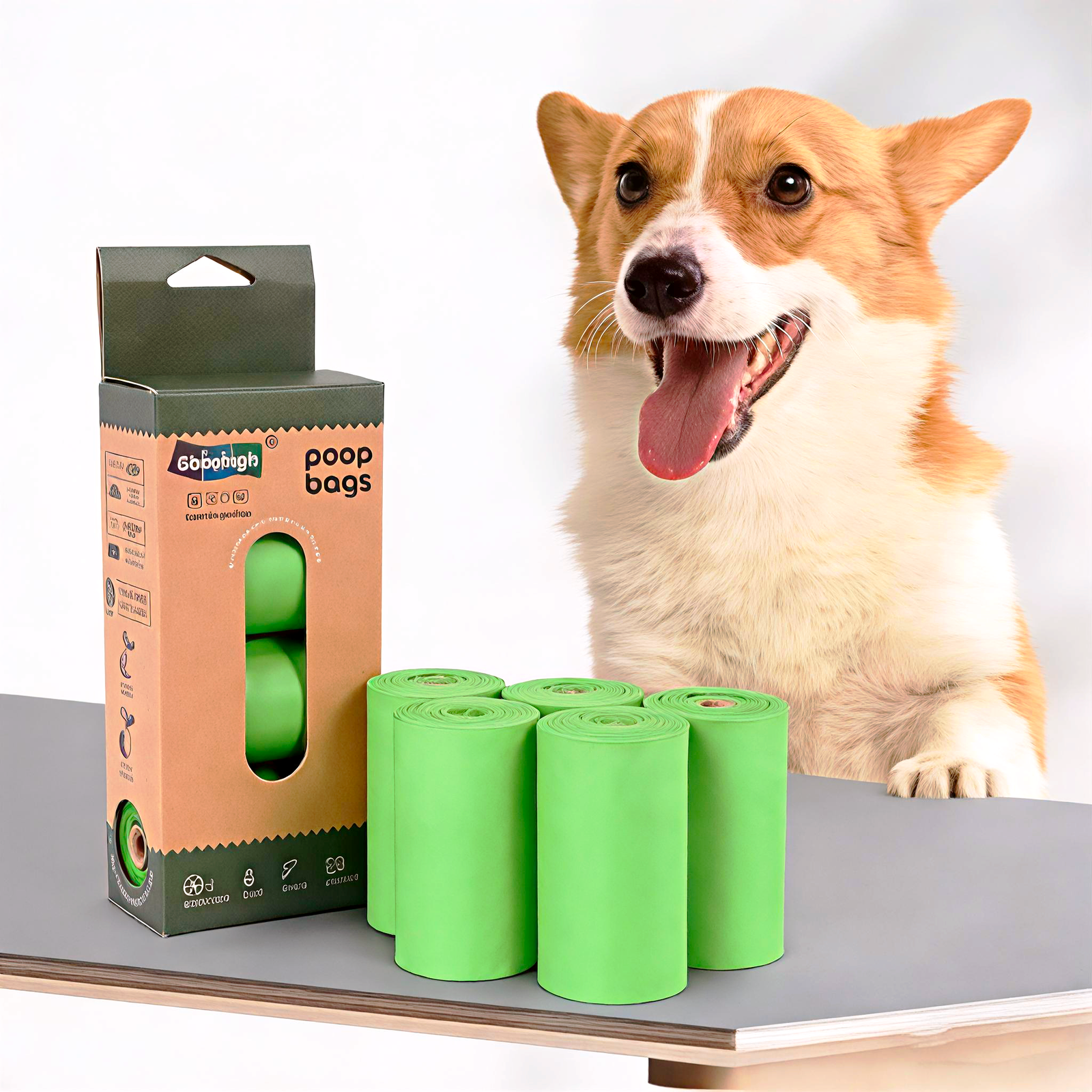 Gopohigh brand green biodegradable dog poop bags made from PLA, displayed in rolls next to the product box and a happy Corgi. Perfect for eco-conscious pet owners and B2B bulk orders.