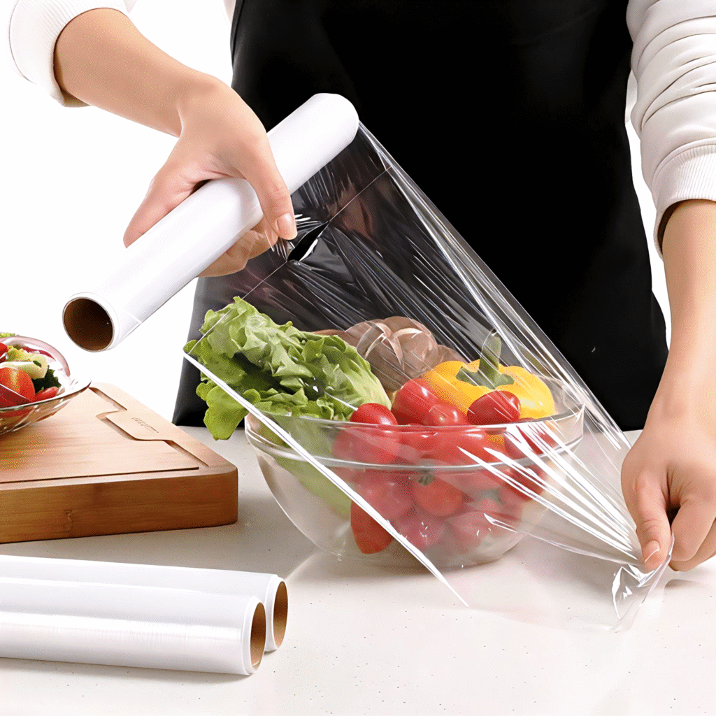 Person using roll of transparent biodegradable cling film to cover glass bowl of fresh vegetables including lettuce, tomatoes and bell peppers on white kitchen counter