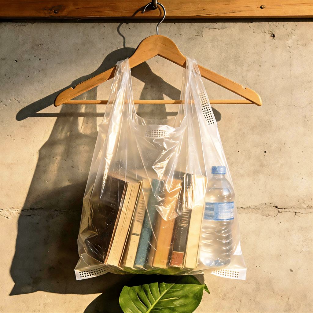 Transparent biodegradable plastic bag hanging on wooden hanger, filled with heavy books and water bottle to demonstrate strength, against concrete wall with green leaf below