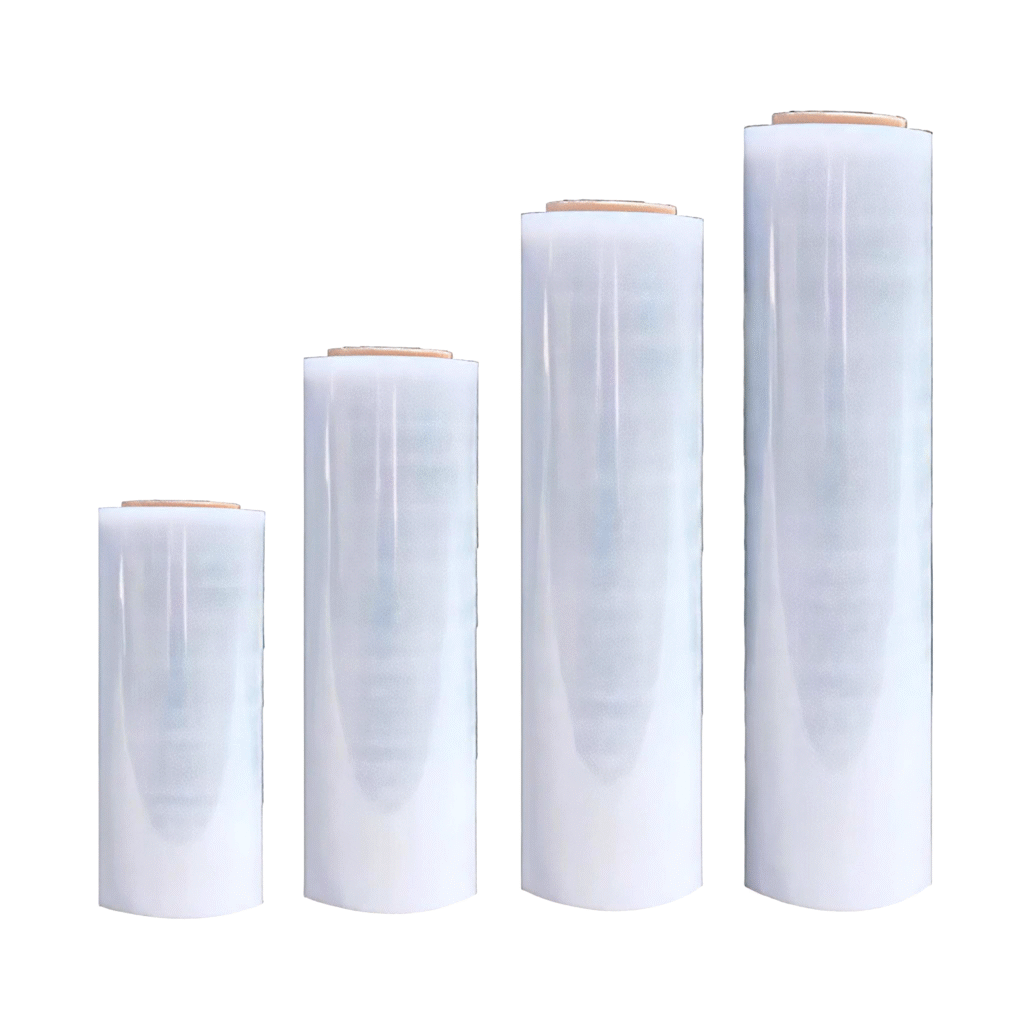 Four transparent compostable packaging film rolls in ascending sizes on white background, made from plant-based biodegradable material for sustainable wrapping solutions