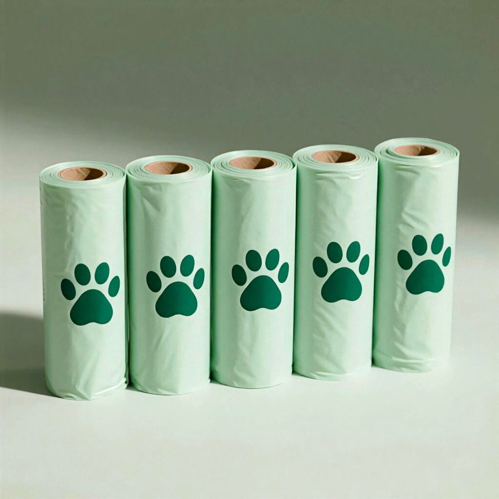 Five rolls of light green compostable pet waste bags with dark green paw print logo arranged in a row on white background
