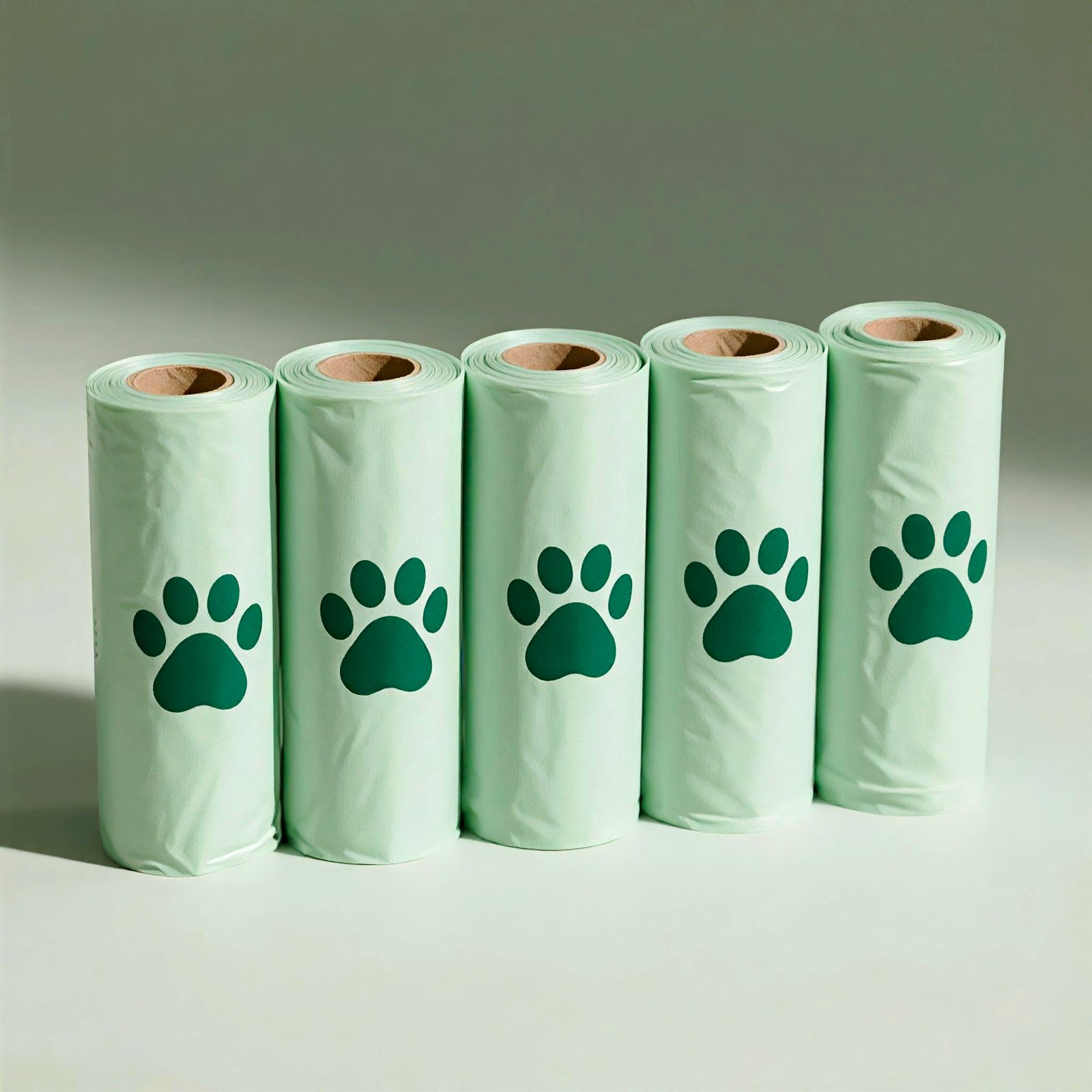 Five rolls of light green compostable pet waste bags with dark green paw print logo arranged in a row on white background