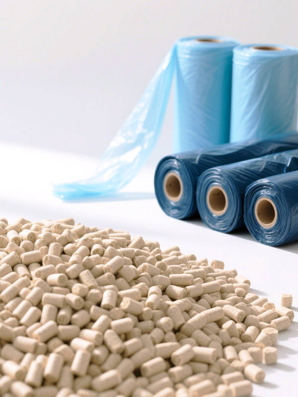 Biodegradable plastic resin pellets, compostable cat litter liners on rolls, plant-based eco-friendly packaging materials, sustainable pet waste management products.