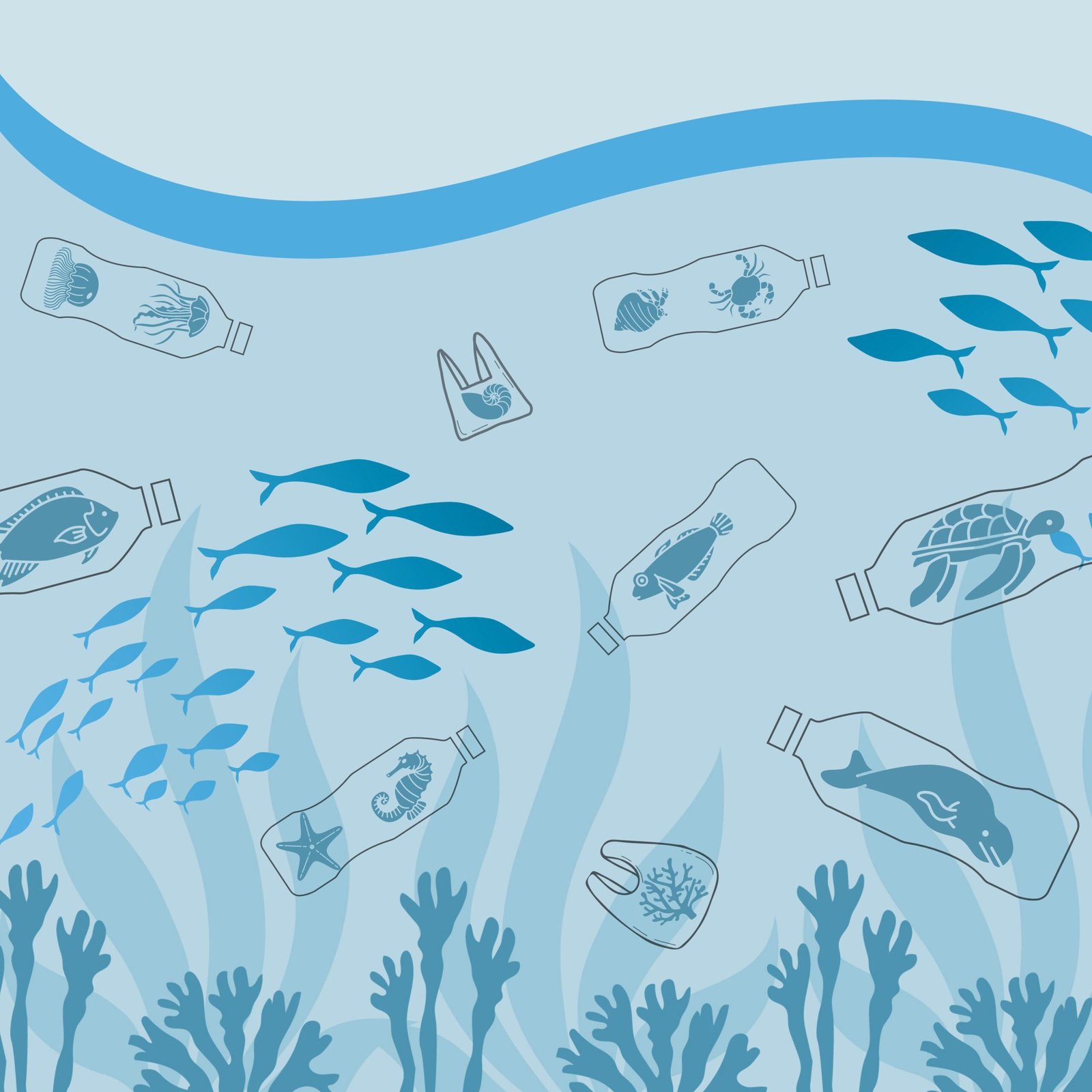 Flat vector illustration of an underwater ocean scene, with marine animals (turtle, seahorse, fish, crab, jellyfish, manatee) trapped inside plastic bottles and bags, surrounded by fish and seaweed, illustrating the crisis of ocean plastic pollution.
