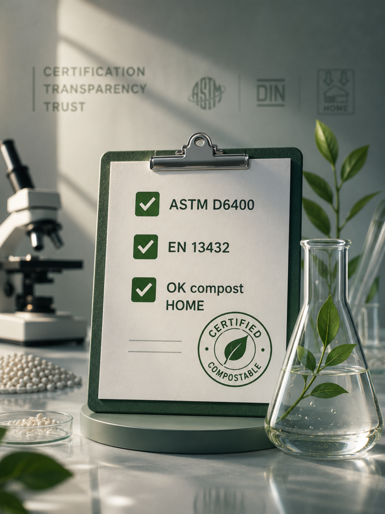 Third-party certification verification for ASTM D6400, EN 13432, and OK compost HOME compostable materials with laboratory testing and traceable documentation.