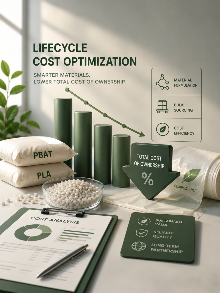 Lifecycle cost optimization for biodegradable plastics through material formulation and bulk sourcing for sustainable packaging.