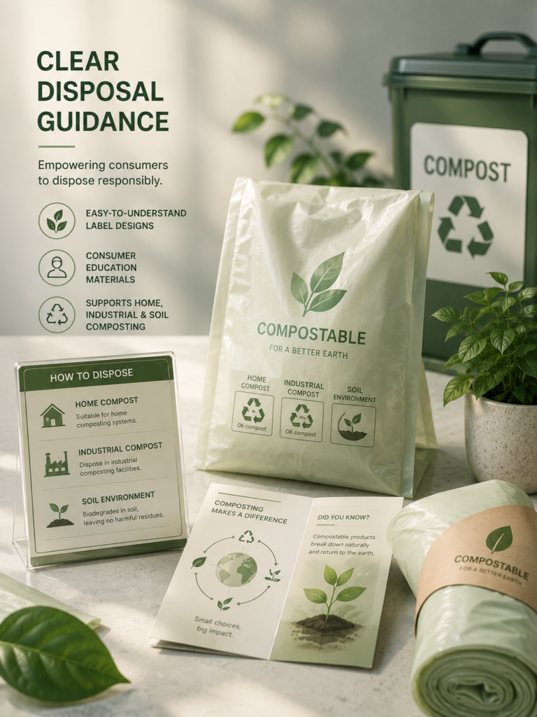 Clear disposal guidance for compostable bags showing home compost, industrial compost, and soil disposal options with eco-friendly packaging labels.