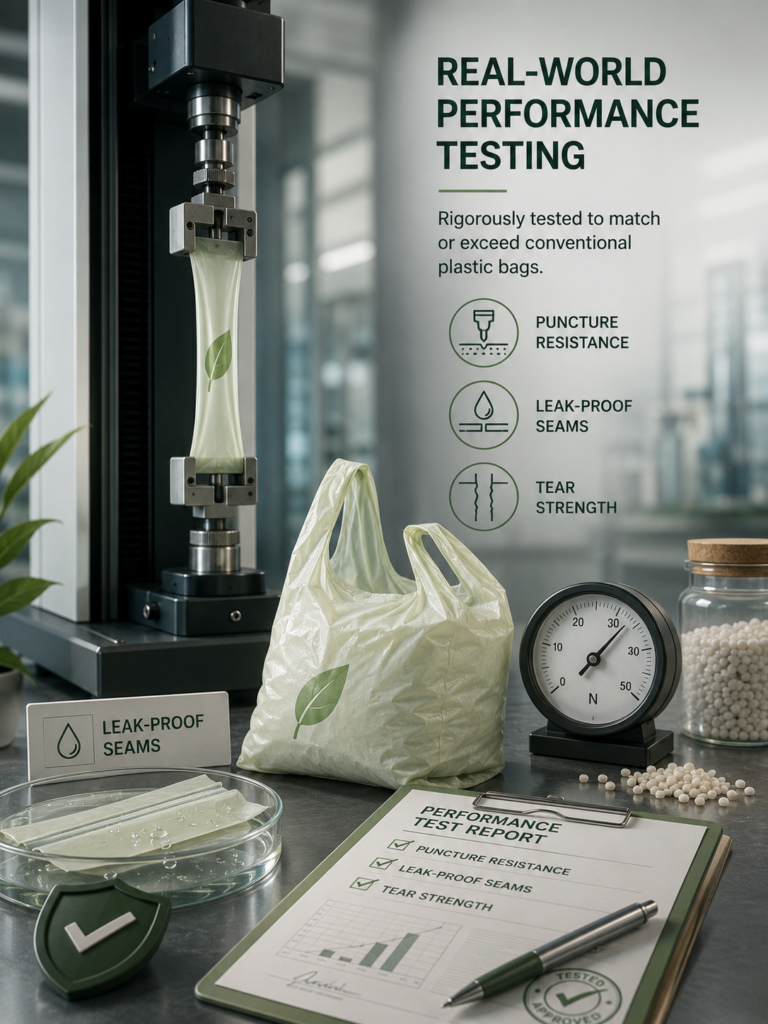 Real-world performance testing of compostable bags for puncture resistance, leak-proof seams, and tear strength in a laboratory environment.