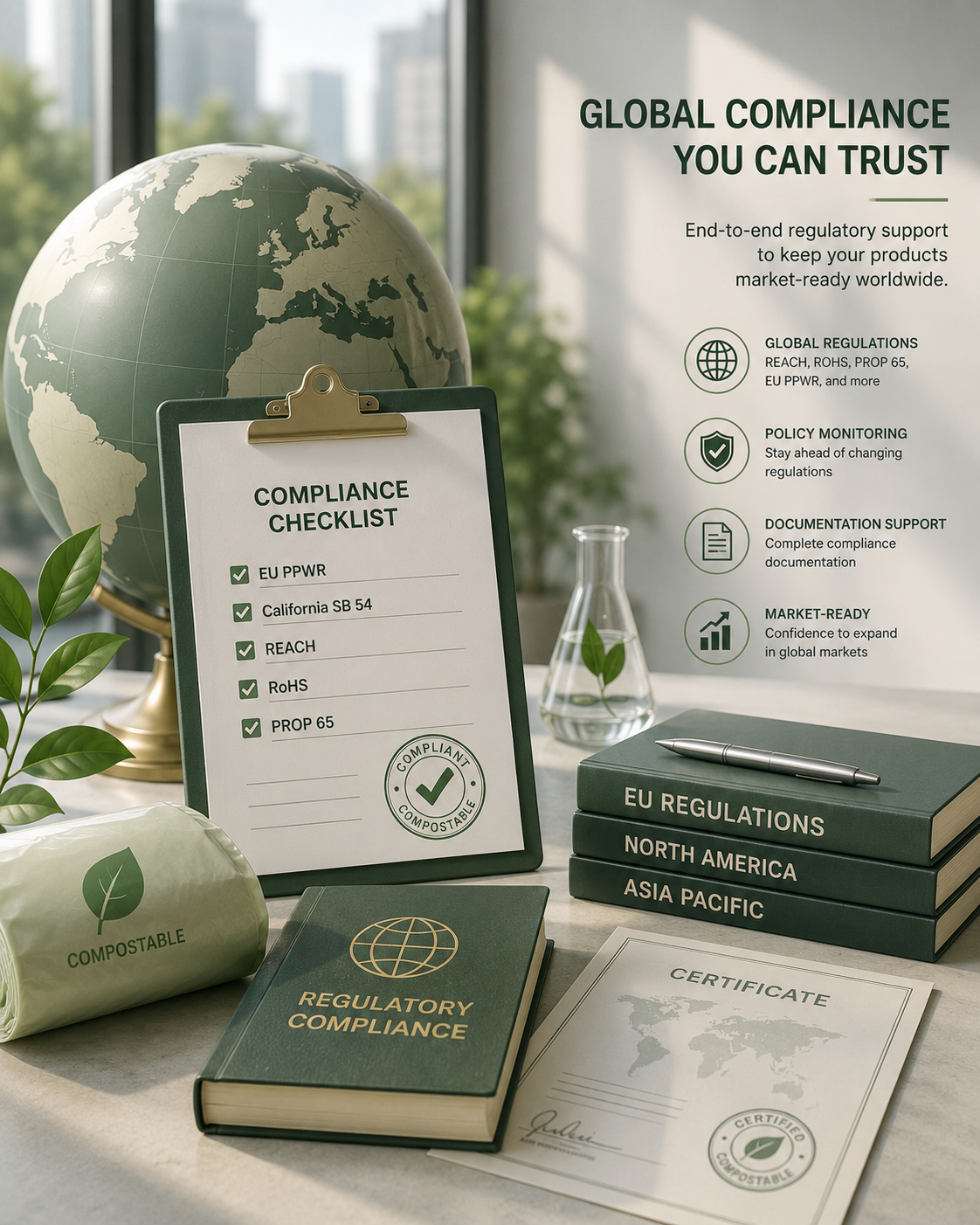 business professional inspecting certified compostable packaging samples and sustainability documents on a modern office desk
