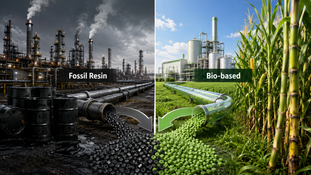 Fossil resin pathway from petroleum refinery versus bio-based pathway from corn and sugarcane to bioplastic pellets, illustrating plastic material origins.