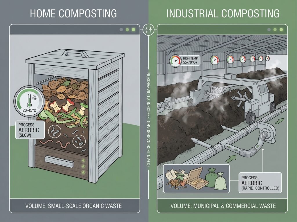 Comparison of industrial composting (high heat, 90–180 days) vs home composting (ambient temperature, 6–12 months).