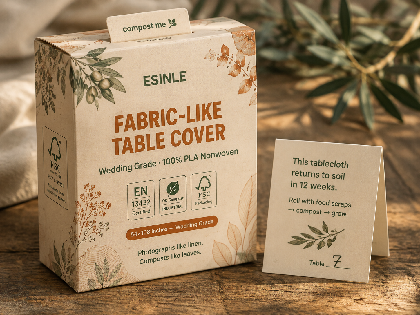 FSC-certified recycled kraft box with warm botanical design