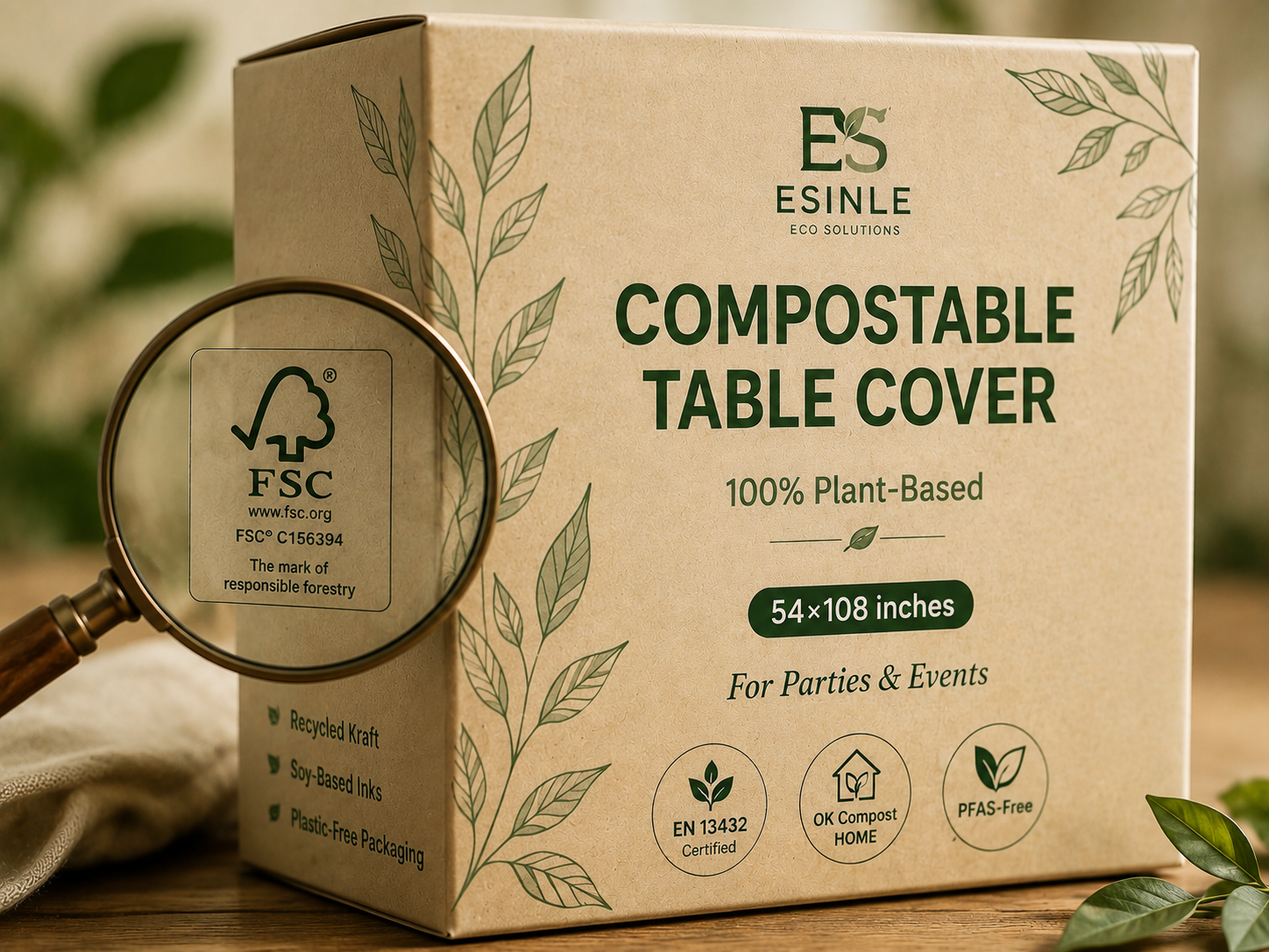 FSC-certified recycled kraft box with botanical green print