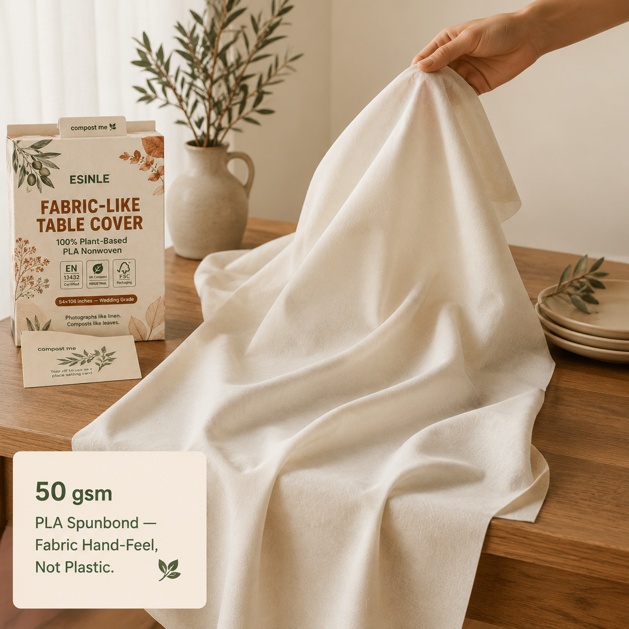 Compostable Fabric-Like Table Cover | PLA Nonwoven Disposable Wedding Tablecloth — photo 4