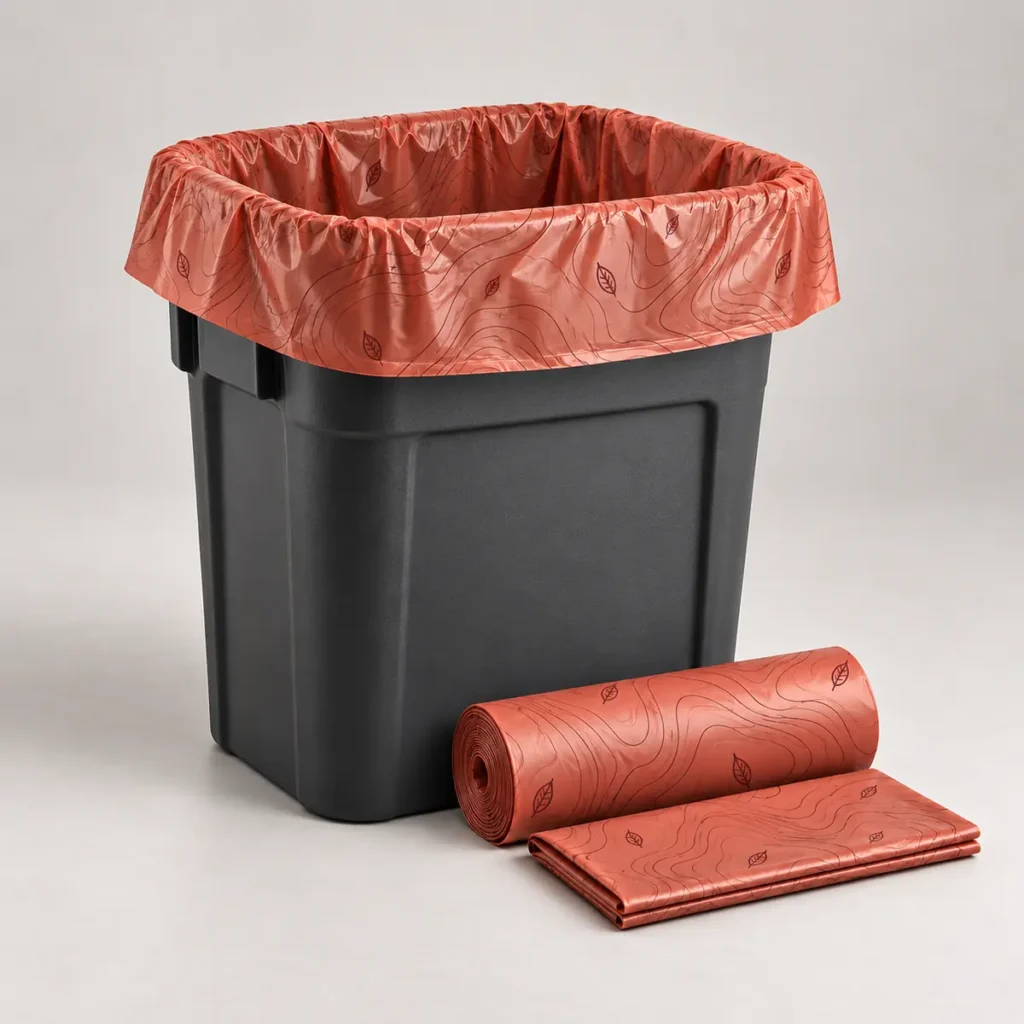 Heavy duty compostable garbage bags in terracotta film with roll and commercial bin