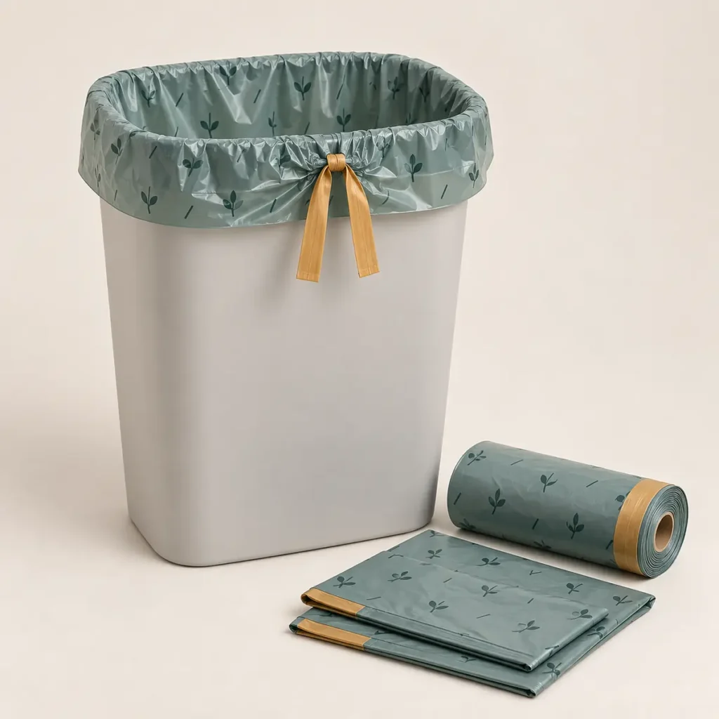 Large drawstring compostable bags in eucalyptus-teal film with roll and 13-gallon bin
