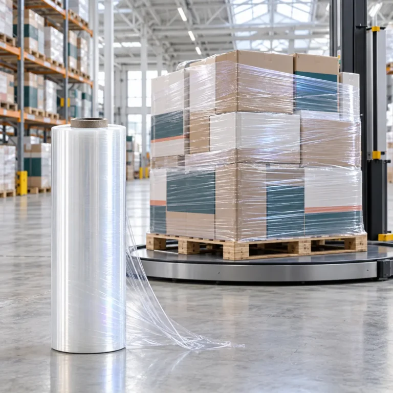 PLA plus PBAT biodegradable stretch film roll beside a clear-wrapped standard pallet