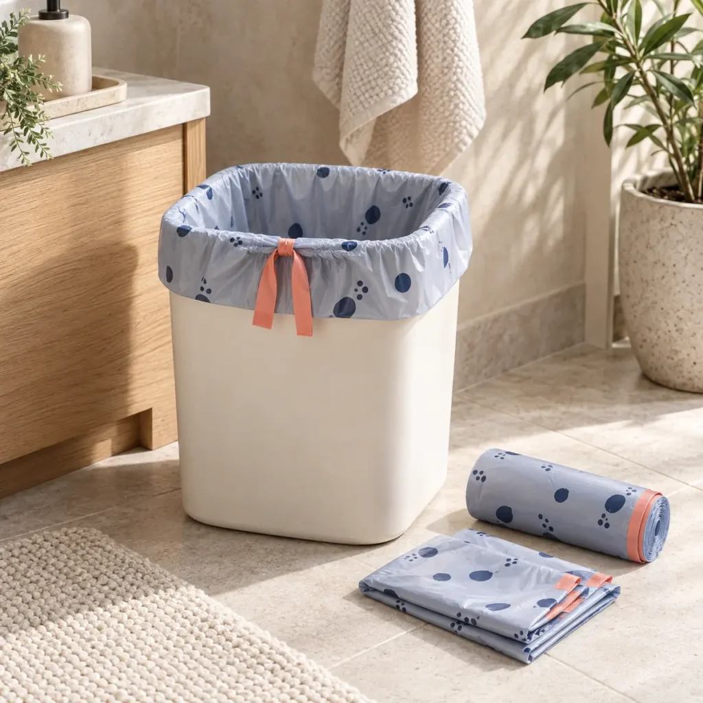 Small drawstring compostable garbage bags in periwinkle film with a four-gallon bathroom bin