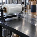 Custom industrial stretch film unwinding across a quality-control workbench