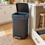 Heavy duty compostable bag fitted to a rectangular 13-gallon tall kitchen bin