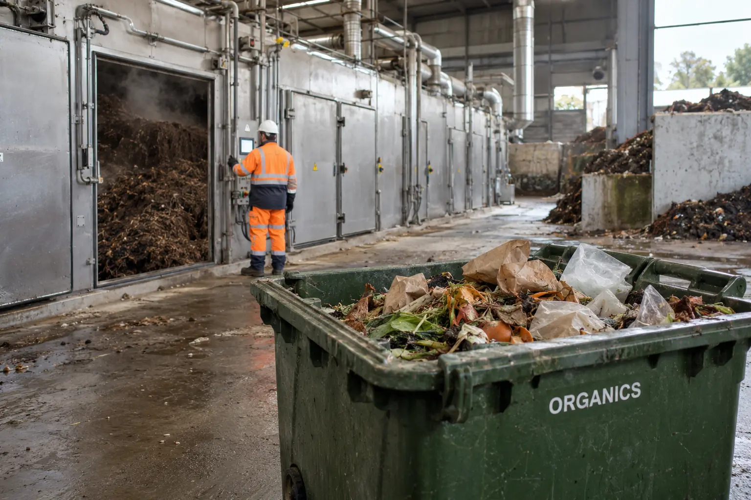 Industrial composting facility processing compostable packaging
