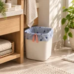 Small compostable drawstring bag fitted to a compact bathroom waste bin