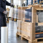 Warehouse worker applying biodegradable industrial wrap with a hand dispenser