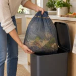 Hands supporting a heavy duty compostable trash bag during kitchen-bin changeover