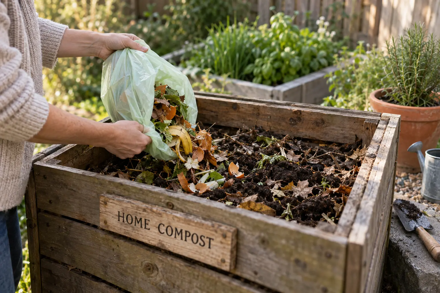 Home compostable packaging added to a backyard compost bin
