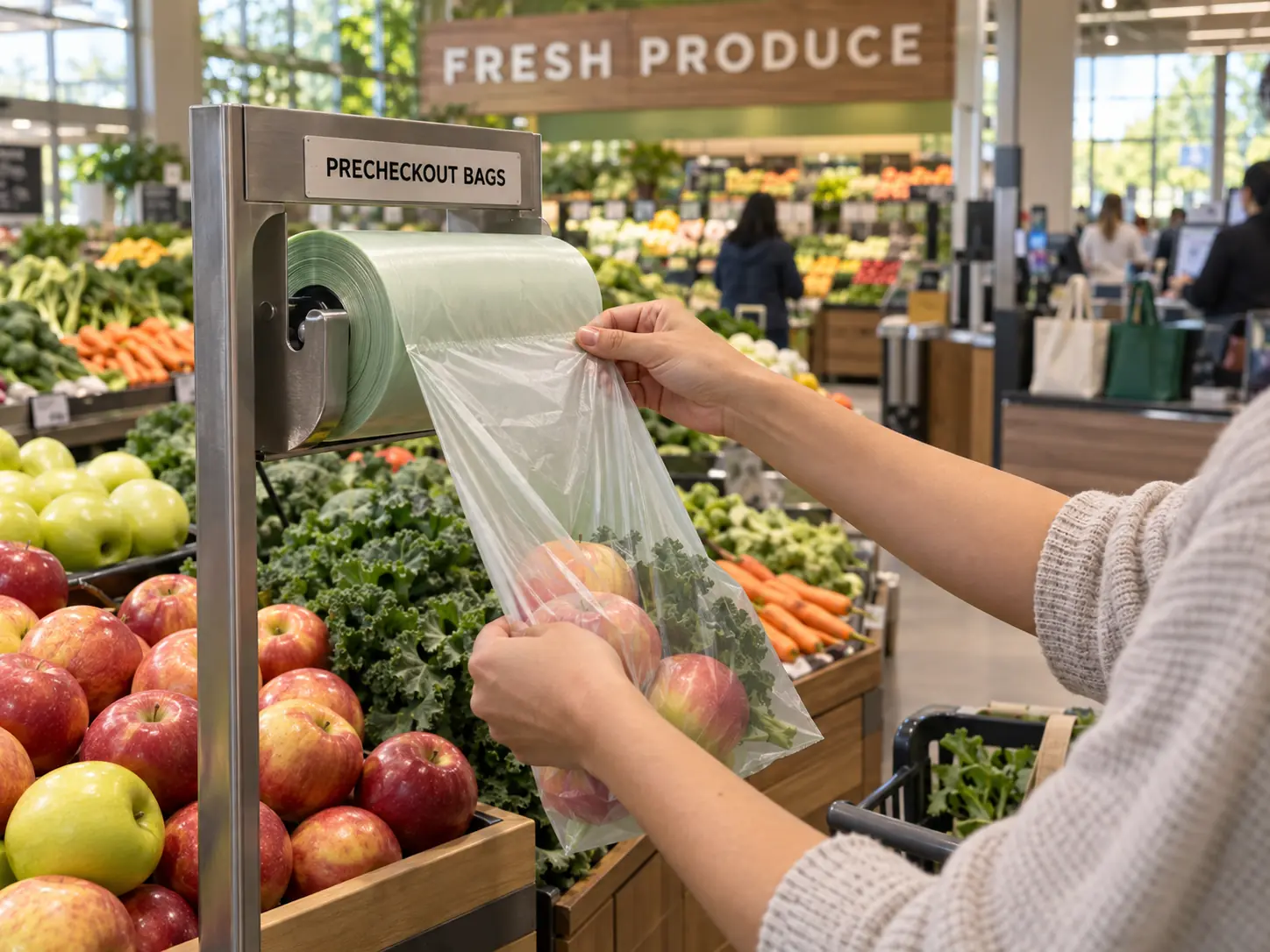 Handleless precheckout produce bag used in a supermarket