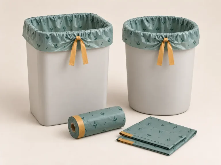 Two common 13-gallon bin shapes fitted with eucalyptus-teal compostable drawstring bags