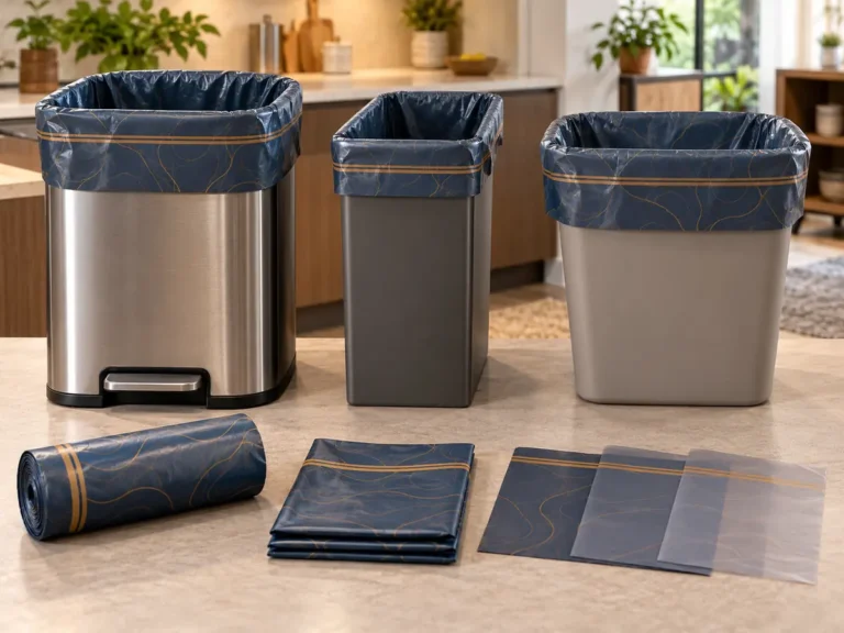 Thirteen-gallon heavy duty trash bag fit and film-gauge overview with three bin shapes
