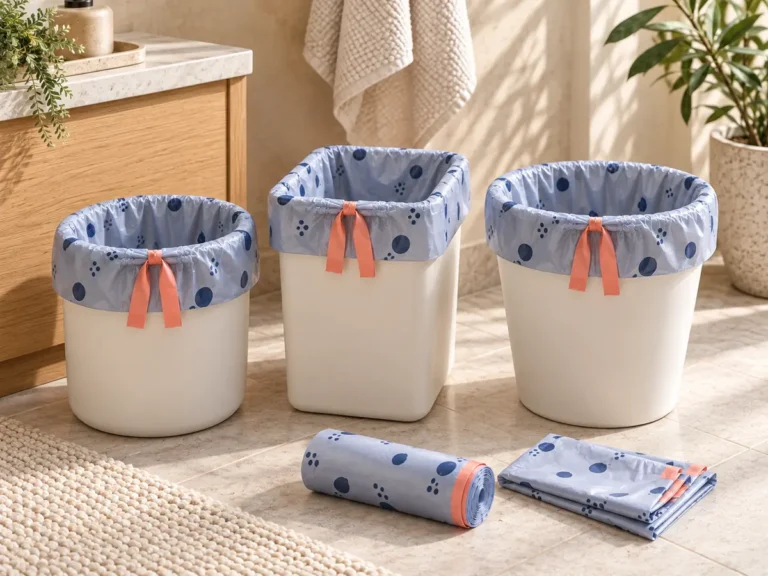 Four-gallon compostable drawstring liners fitted to round rectangular and tapered small bins