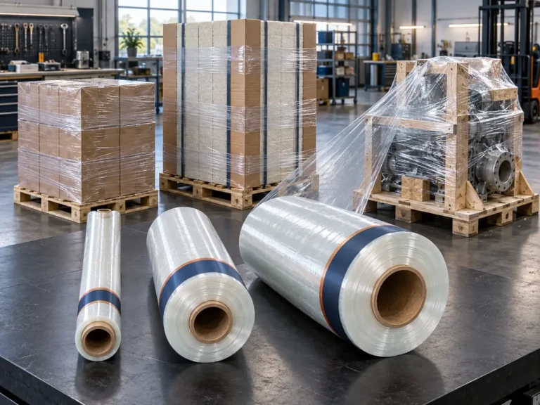 Custom biodegradable industrial stretch wrap overview with roll formats and protected pallet load profiles
