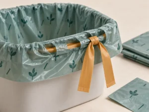 Close view of the flat-film compostable drawstring channel construction