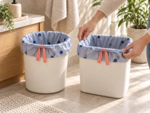 Hands checking cuff fit on round and rectangular four-gallon bins