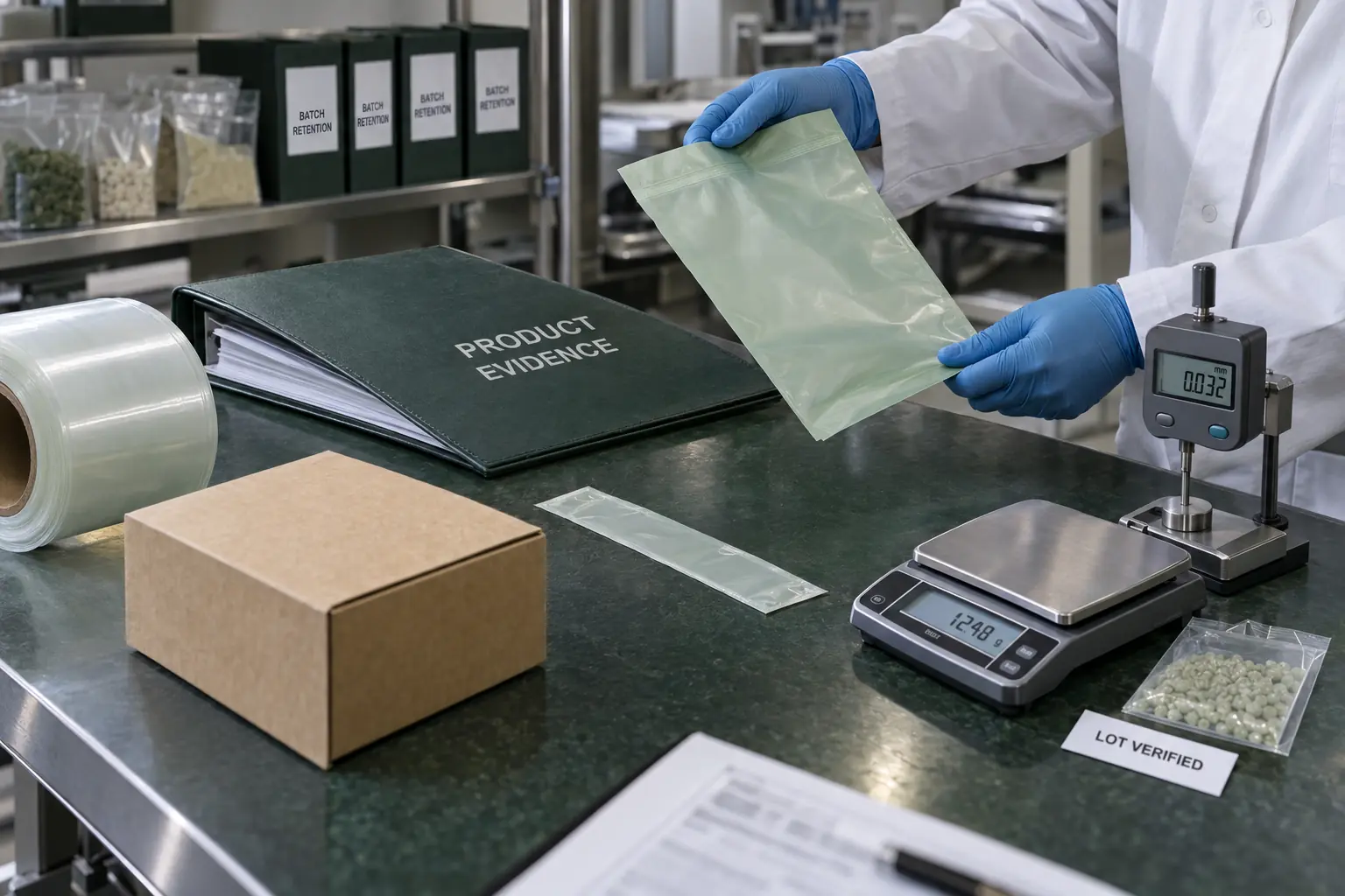 Finished compostable packaging matched to product evidence and batch records