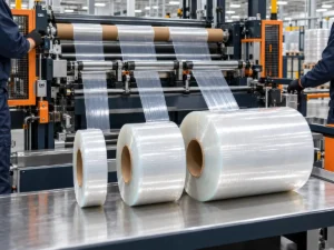 Custom-width biodegradable stretch film on a slitting and rewinding line