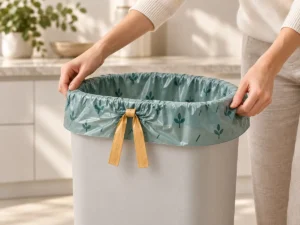 Hands fitting the drawstring rim channel around a 13-gallon kitchen bin